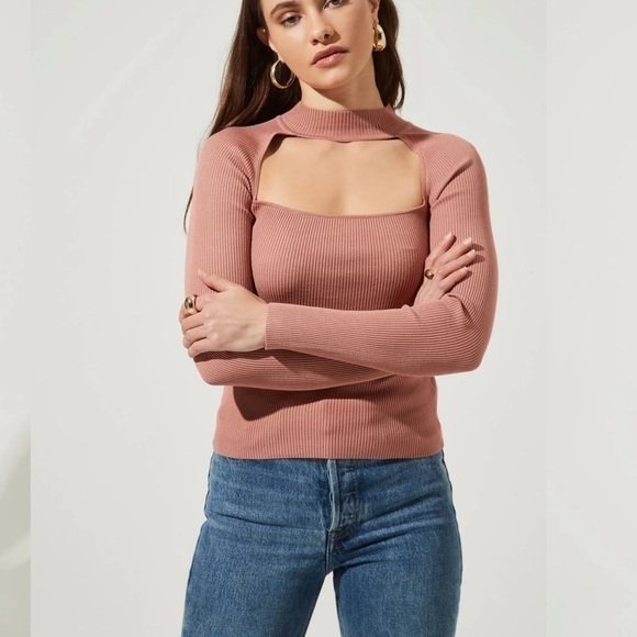 ASTR The label cut out square neck ribbed long sleeve top dark blush medium - Picture 1 of 6